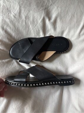 Coach Black Leather Crossband Slide Sandals with Silver Stud Trim